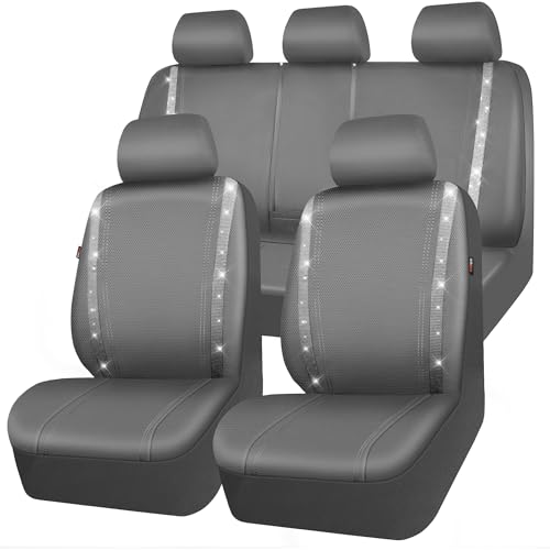 Image of CAR PASS Bling Car Seat Covers Full Set, Shining Glitter Rhinestone Diamond Waterproof Faux Leather Interior Sets Universal Fit Automotive Glitter Crystal Sparkle Strips for Cute Women Girl, Gray