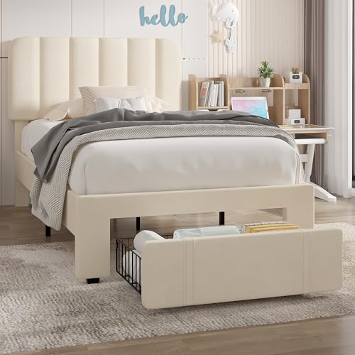 Image of VECELO Twin Size Upholstered Bed Frame with Drawer and Headboard, Velvet Platform Storage Bedframe, Wooden Slats Support, No Box Spring Needed,Bone Beige