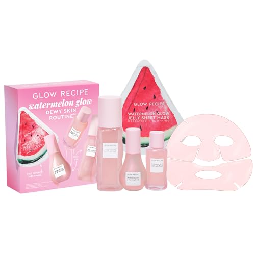 Glow Recipe Watermelon Glow Dewy Skin Routine Kit - Full Size Dew Drops Serum, Full Size Pink Juice Moisturizer, Travel Size PHA+BHA Pore-Tight Toner & Watermelon Jelly Sheet Mask (4 Count)