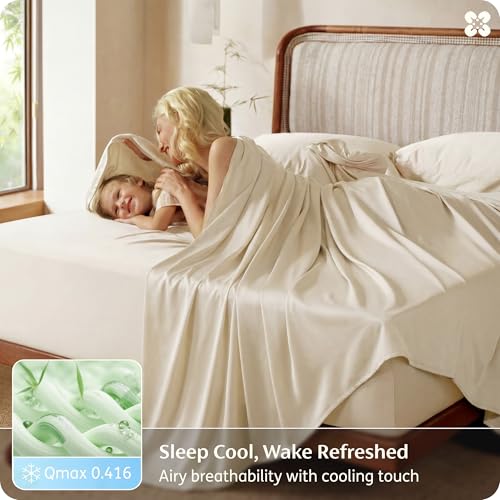 Image of Bedsure 100% Organically Grown Bamboo Viscose King Size Sheets Set | Cooling Bedsheets for Hot Sleepers | Luxury Silky Soft | 18 inch Deep Pocket with Corner Straps | Oeko-Tex Certified [Beige]