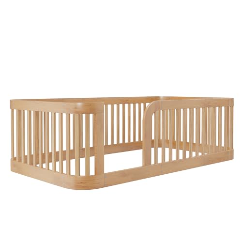 Bellemave Twin Floor Bed with High Fence and Rounded Corner Design, Wood Montessori Floor Bed with Guardrail and Entrance, Easy Assemble Montessori Bed Twin Size, Natural - Thumbnail 6