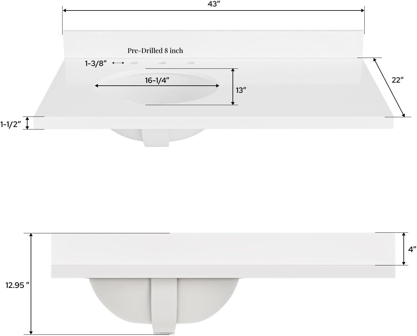 ARIEL 43 inch Bathroom Vanity top with Sink, 1.5 Inch Thick Miter Edge White Quartz top, Left Offset Vanity top with Oval Porcelain Sink, Includes Backsplash