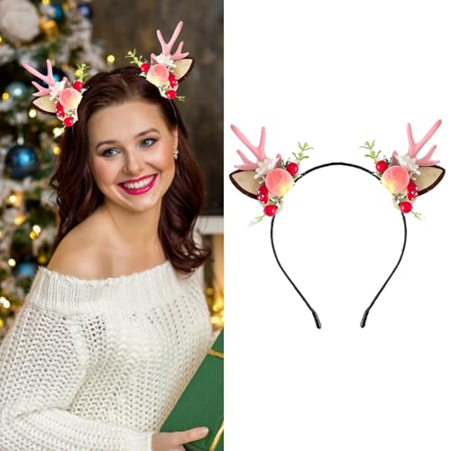 SUNCN 鹿の角 ヘッドバンド クリスマス 鹿 花 キノコ ピーチ ベリー 角 ヘア フープ トナカイ 鹿の耳 動物 ヘッドピース ヘアアクセサリー クリスマスフェスティバルパーティー用