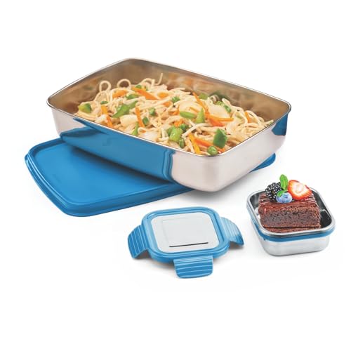 Image of SignoraWare Munch Mate Stainless Steel Lunch Box | Airtight & Leakproof | Durable & Compact | Easy to Carry | Ideal Tiffin for Office, School & Travel (550ml + 130ml | TBlue)