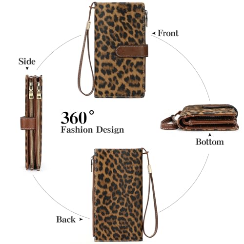 Image of GOIACII Large Wallet for Women Leather Wristlet Leopard Print | RFID Blocking, Multi-card Slots, Detachable Wrist Strap, Trifold Clutch Purse