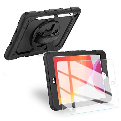 iPad 8th/7th Generation Case, iPad 10.2 Case 2020/2019, [Kid Proof] ambison Full Body Protective Case with 9H Tempered Glass Screen Protector, 360° Rotatable Kickstand & Hand Strap (Black)