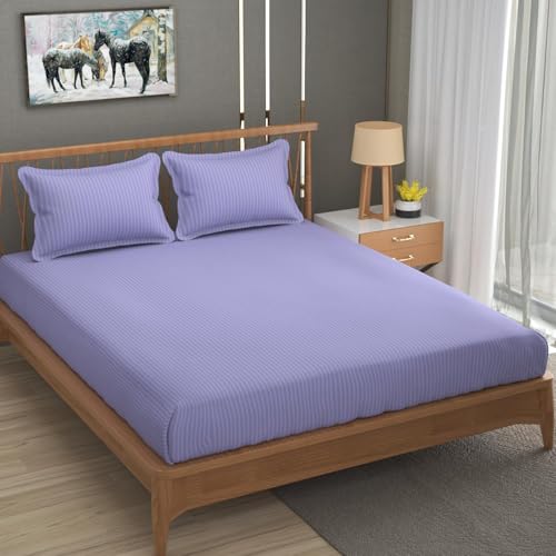 Image of Blue Strip Polycotton Bedsheet, Double 90x100 (Lavender) | Hotel Quality | Soft, Breathable & Colourfast | Wrinkle Resistant | Machine Washable | Pillow Covers Included