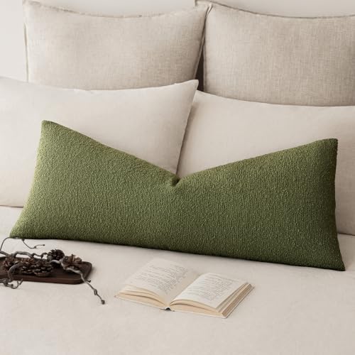 Image of Foindtower Decorative Textured Boucle Throw Pillow Covers Accent Solid Pillow Cases Neutral Long Body Lumbar Couch Cushion Case for Chair Sofa Bedroom Living Room Home Decor 14x36 Inch,1PC,Green