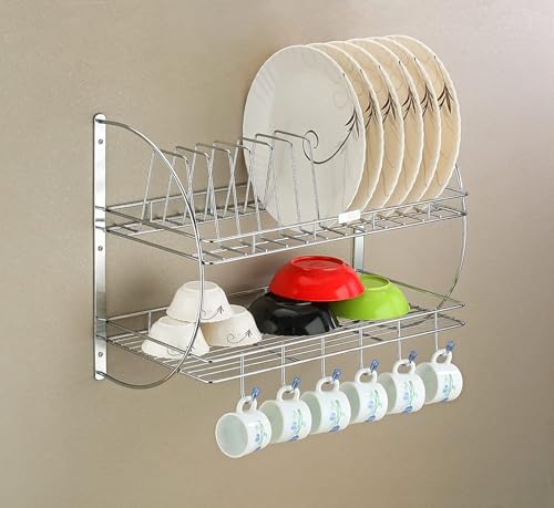 Image of Premium Stainless Steel 2-Tier Wall Mounted Kitchen Dish Drainer Rack - Plate, Cup, Cutlery & Glass Holder | Space-Saving Utensil Storage Organizer for Crockery