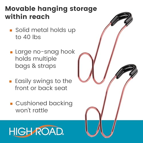 High Road Unbreakable Car Bag Hooks - Large Car Seat Hooks for Purse, Backpack, Coats, Hats and Heavy Bags up to 40 lbs - Secure Attachment Fits All Headrest Posts, 2 Pack