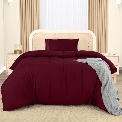 Utopia Bedding Duvet Cover - Single Duvet Cover Set including Embroidered Pillowcase - Soft Microfibre Polyester Bedding (Burgundy)
