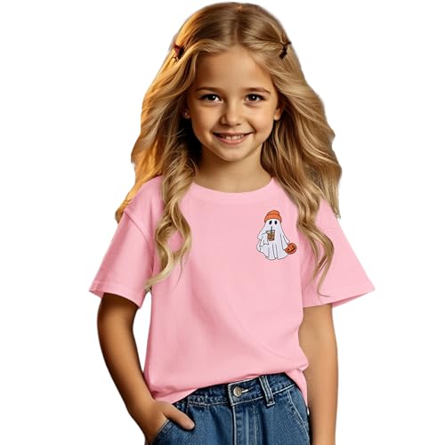 Girl Halloween Shirt Ghost Drinking Coffee Tshirt Pumpkin Short Sleeve Tee Top Kids Spooky Season Fall Outfit 7-12Y