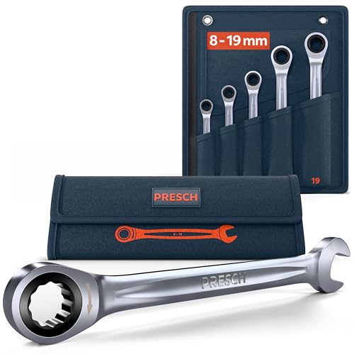 PRESCH Ratschenschlüssel Set 5tlg. (8, 10, 13, 17, 19mm) inkl. Tasche - Minimaler Rückholwinkel (4°, 90 Zähne) - Robuste, präzisionsgefertigte Ringratschenschlüssel