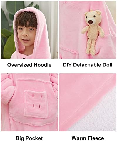 slimour Kids Oversized Blanket Hoodie with Big Front Pocket and Detachable Bear Warm Fleece Hoodie Blanket for Girls Super Soft Cosy Snuggle Hoodies for Boys