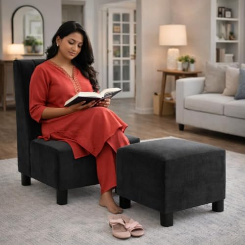 Image of Rosebell One Seater Sofa with Ottoman Combo Single Seater Sofa Set with Matching Footrest for Living Room & Bedroom Guest Room - Black Color