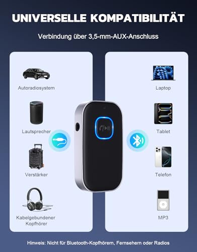 Glangeh Bluetooth 5.3 Adapter Auto, Upgraded Lärmminderung 3,5mm Aux Bluetooth Adapter, 16H Standby Empfänger Receiver Klinke für Auto Audio System, Kopfhörer, Speaker, Stereo-Endstufen