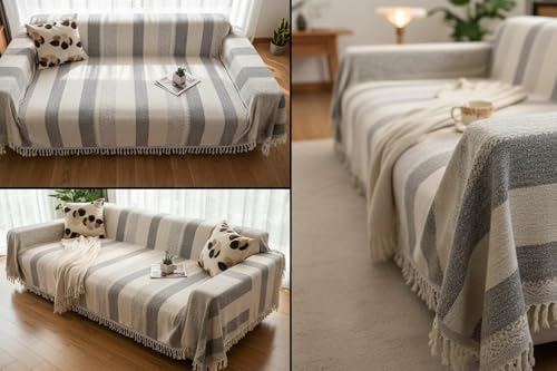 Image of The Furnishing Tree Reversible Double Sided Chenille Throw Sofa Cover, Anti-Slip Couch Cover, Comfy Sofa Towel for All Seasons, 3 Seater, Striped Pattern Cream and Grey