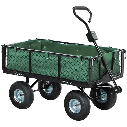 Outsunny Carrito de jardín, Carrito de Festival Resistente con Forro extraíble, Lados de liberación rápida, Ruedas neumáticas de 10 Pulgadas, Mango Giratorio de 180°, Capacidad de 300 kg, Color Verde