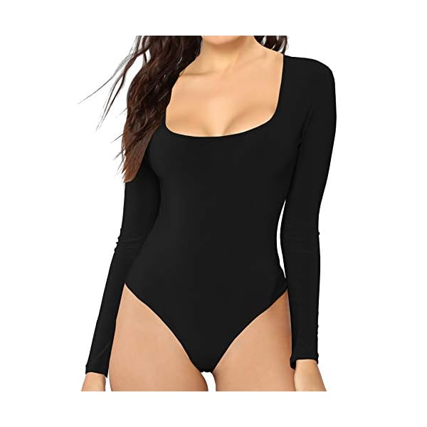 MANGDIUP Women's Scoop Neck Long Sleeve Basic Bodysuits Jumpsuits (Black, M)