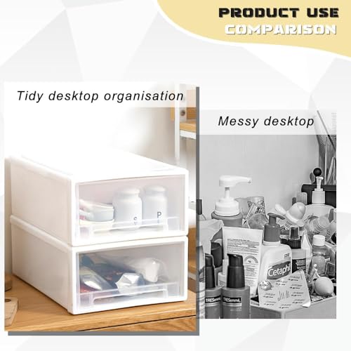 YunBey 2 Stück Schubladenbox Kunststoff Stapelbar Schubladenelement Aufbewahrungsbox Schreibtisch Organizer mit Schubladen für Büro Bad Schlafzimmer (27 x 19 x 10,5 cm)