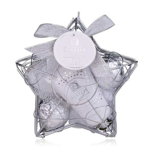 Accentra Set de baño de edición festiva en cesta de alambre en forma de estrella en plata, set de regalo de bienestar para mujeres con loción corporal, 2 bombas de baño y esponja de malla, ideal para