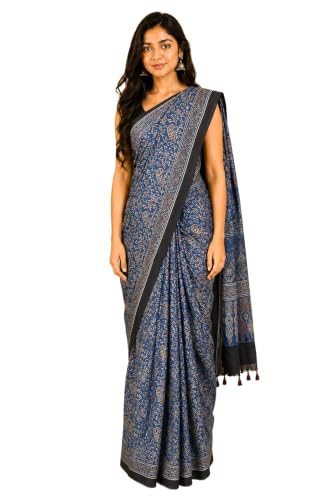 Image of Ethnics of Kutch Womenss Ajrakh Modal Silk Natural Dye Hand Block Print Saree with Blouse Piece - 5.5 Mtr Length