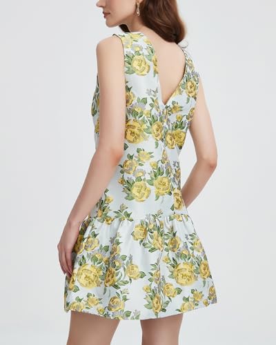Women's Floral Jacquard Mini Dress Crewneck Sleeveless Open Back Ruffle Hem Cocktail Party Dress2