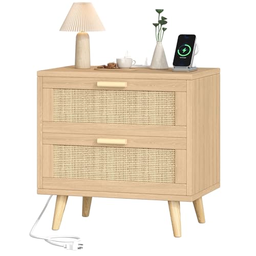Keehusux 23.6" W Rattan Nightstand with Charging Station, Large Bedside Table with 2 Drawers, Wooden End Table with Solid Wood Legs, Boho Night Stand for Bedroom, Natural Oak KES009MECTG