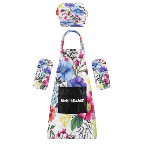 Bulletgxll Flowers and Leaves Kids Apron and Chef Hat Set Adjustable Bib Aprons with Pockets for Cooking Baking Painting