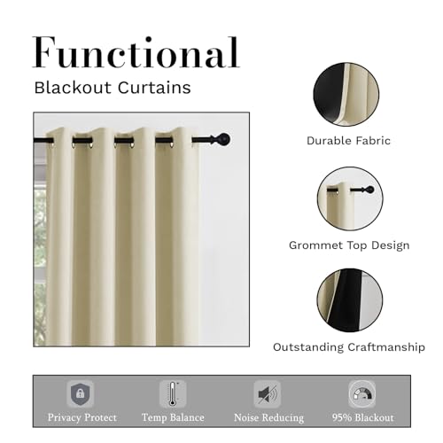 Image of LINENWALAS Window Curtains 5 Feet Set of 2 - Thermal Insulation 100% True Blackout Curtains, Black Backing & Fade Resistant Drapes for Living Room, Bedroom (Ivory)