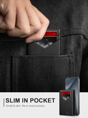 Image of Contacts Slim Leather Bifold for Men | RFID Blocking Card Holder with ID Window | Holds 13-17 Cards, Large Cash Slot | Thin Minimalist Front Pocket Design | Gift for Men (Black)