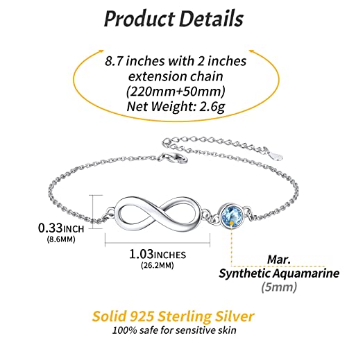 Chicsilver 925 Sterling Silver Anklet For Women Teen Girls, Minimalist Delicate Infinity Ankle Bracelet With Round Simulated Birthstone Foot Chain Summer Vacation Beach Jewelry (March - Aquamarine) #TOP4