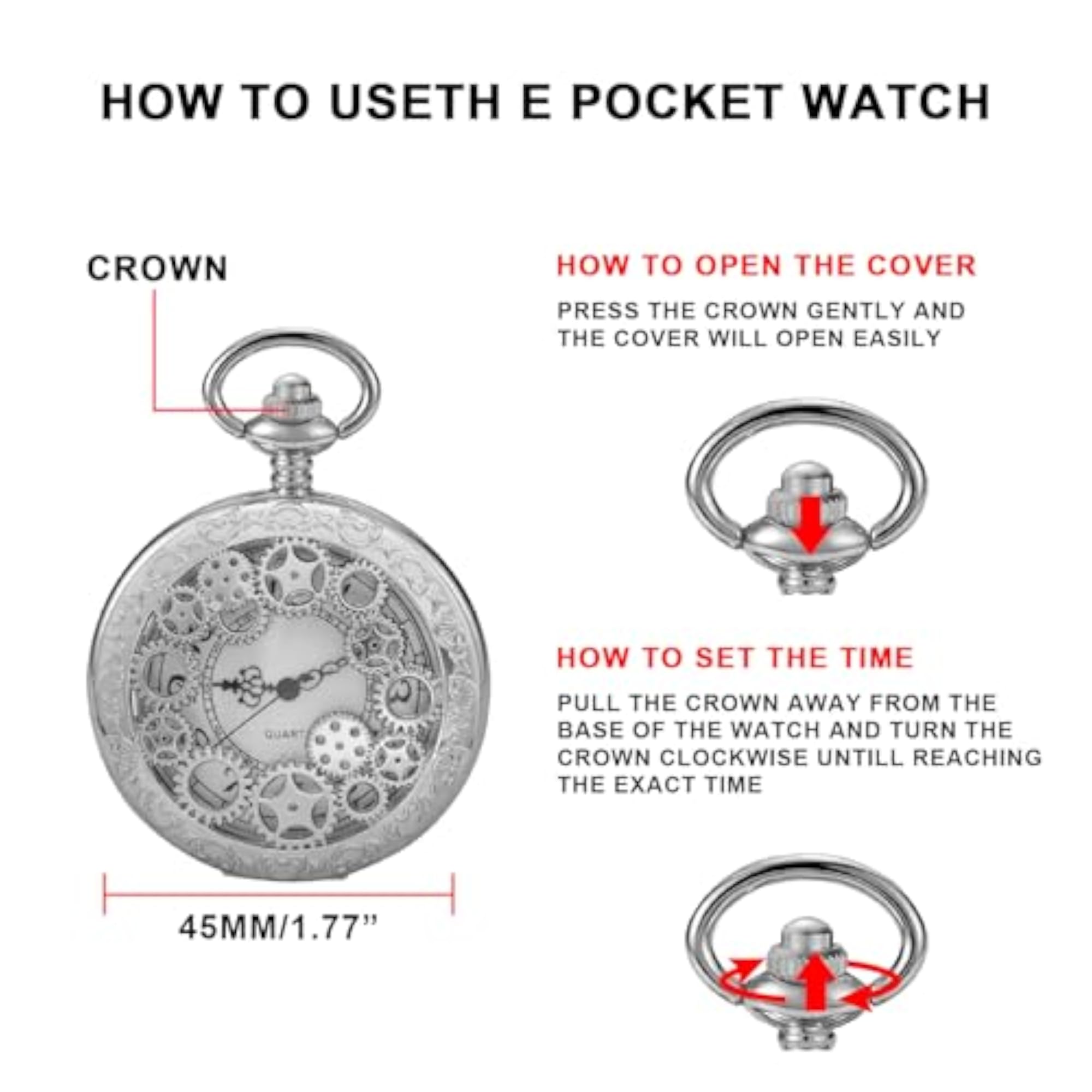 Gear Hollow Pattern Quartz Pocket Watch with Chain, Gift for Him