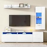 Kebnor TV Wohnwand Set 3 teilig LED Beleuchtung Hochglanz Wohnzimmer Möbel Set Frontale Wohnwand 1 x TV Schrank, 1 x Wohnzimmer Vitrine, Hängeregal, TV bis 80' Weiß