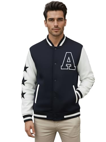Image of CHKOKKO Men's Regular Varsity Jacket with Snap Button Closure and Patch Design Trendy Comfortable Outerwear for College Travel and Casual Wear