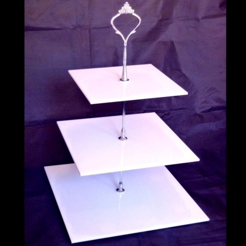 Three Tier White Square Cake Stands- Large & Silver Handle