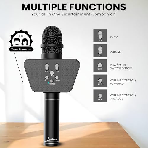 Image of LANDMARK BT55 Handheld Wireless Singing Mic Multi-Function Bluetooth Karaoke Microphone with Inbuilt Bluetooth Speaker, Recorder for Smart Phones, Laptop, Tablet - Black
