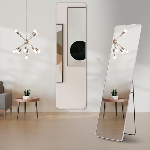 Image of Artspire Home Elegant Round Corner Wall Mirror | Aluminium Frame, Explosion-Proof Sheet with Stand |Dressing Mirror for Bedroom, Entryway, Walk-in Closet & Foyer Home & Office (White, 45x155CM)