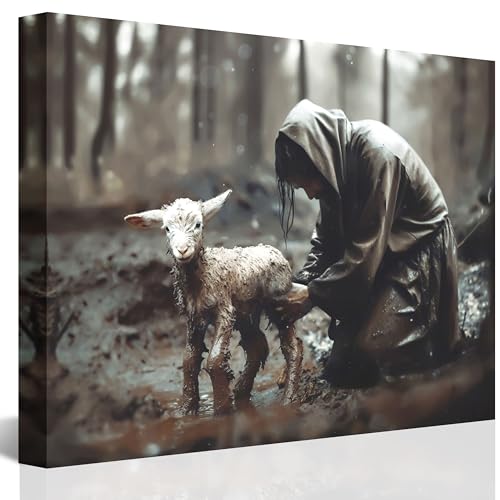 Jesus and Lamb Canvas Wall Art Jesus Rescues Lost Lamb Picture Wall Art Canvas Print Christian Home Decor 16x20 inch