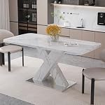 47.24"-62.99" Extendable Dining Table for 4-6, Modern Rectangle Stretchable Kitchen Table, White Marble Print Tabletop, MDF X-Shape Legs with Metal Base for Dining Room, Chair Not Included