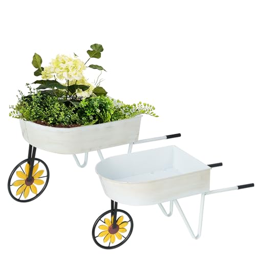 BAYN Metal Wheelbarrow Flower Cart Planter, 2 Packs Plant Stands with Triangular Support Handles Non-Rolling Wheel Vintage Wagon Planter Pots for Home Patio Garden Backyard Rustic Outdoor Decor