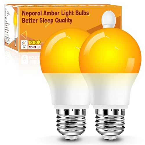 Neporal A15 Amber LED Light Bulb 1800K, True Blue Light Blocking Sleep Aid Bulb for Bedroom Nursery, 7W Replacement for 40W, Soft Warm Glow to Protect Melatonin, E26 Base (2, Amber)