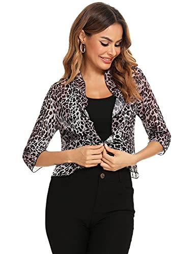 Aceshion Women's Open Front Cropped Cardigan 3/4 Sleeve Casual Shrugs Jacket Draped Ruffles Bolero Cardigan (Leopard), X-Large #TOP2