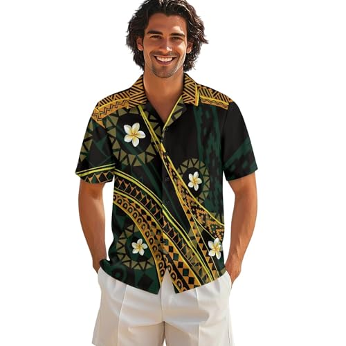 Cjfognsoa Polynesian Black and Golden Shirt Men Green Samoan Puletasi Shirt Cuban Cool Beach Button Up Shirts for Men Tropical Shirts for Men Big and Tall Funny Graphic Tops Casual Outfits XL