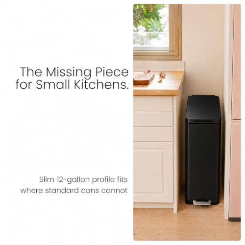 Image of Home Zone Living 12 Gallon Slim Kitchen Trash Can with Soft Close Lid, Step Pedal, Bag Tuck Band, and Removable Liner, Stainless Steel, Black