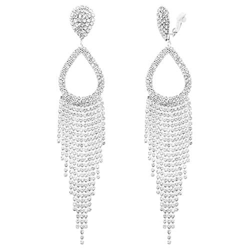 Rosemarie Collections Women's Stunning Bejeweled Crystal Rhinestone Teardrop Fringe Statement Shoulder Duster Earrings, 5.75" (Clip On Silver Tone) #TOP27
