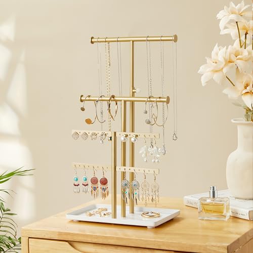 Jewelry Holder Organizer Necklace Display: Metal Aesthetic Room Decor Tree Stand for Necklace Bracelet Hanger and Earrings Storage beautiful jewelry tower for mom wife girlfriend (Gold)