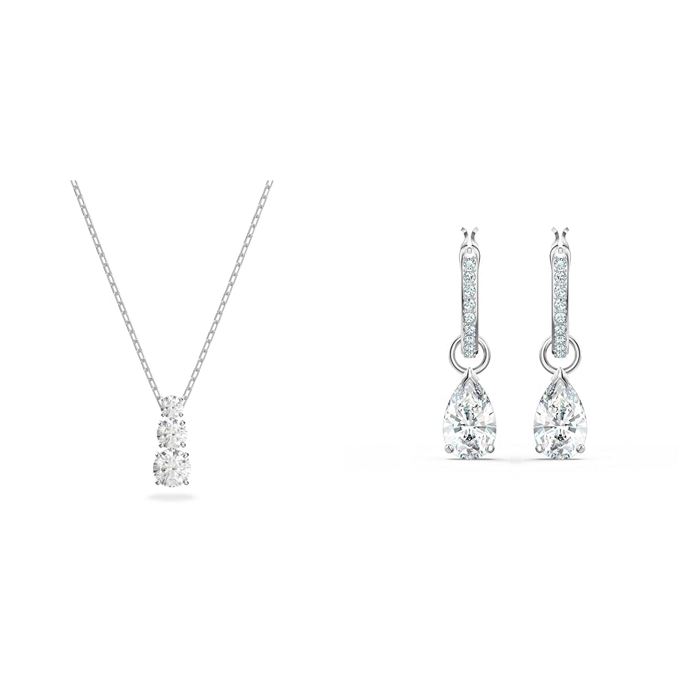 Swarovski Pendente Attract Trilogy, Rotondo, Bianco, Placcato rodio & Orecchini pendenti Attract, Taglio Pear, Bianchi, Placcato rodio