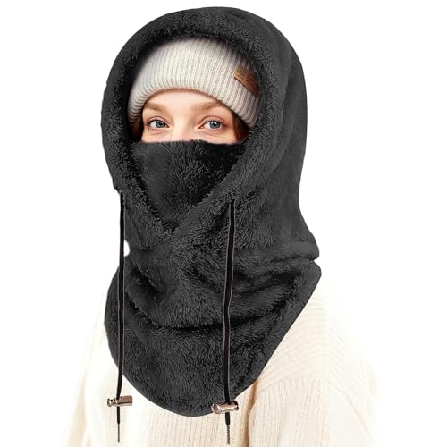 FEIKELUN Balaclava Winter Thermal Fleece Snood Balaclavas for Men Unisex Neck Warmer Snoods for Men Women Sherpa Hood Ski Mask Windproof Face Cover Hat Neck Gaiter Skiing Fishing Outdoor Sports Black