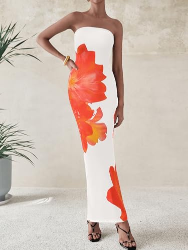 Image of PRETTYGARDEN Women Summer Strapless Maxi Dress Bodycon Floral Sexy Long Wedding Guest Dress Formal Tube Mesh Cocktail Dresses
